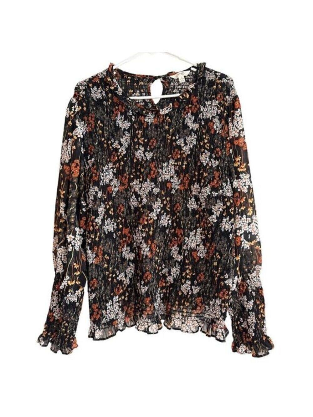 Terra & Sky Black Floral Long-Sleeve Pleated Blouse